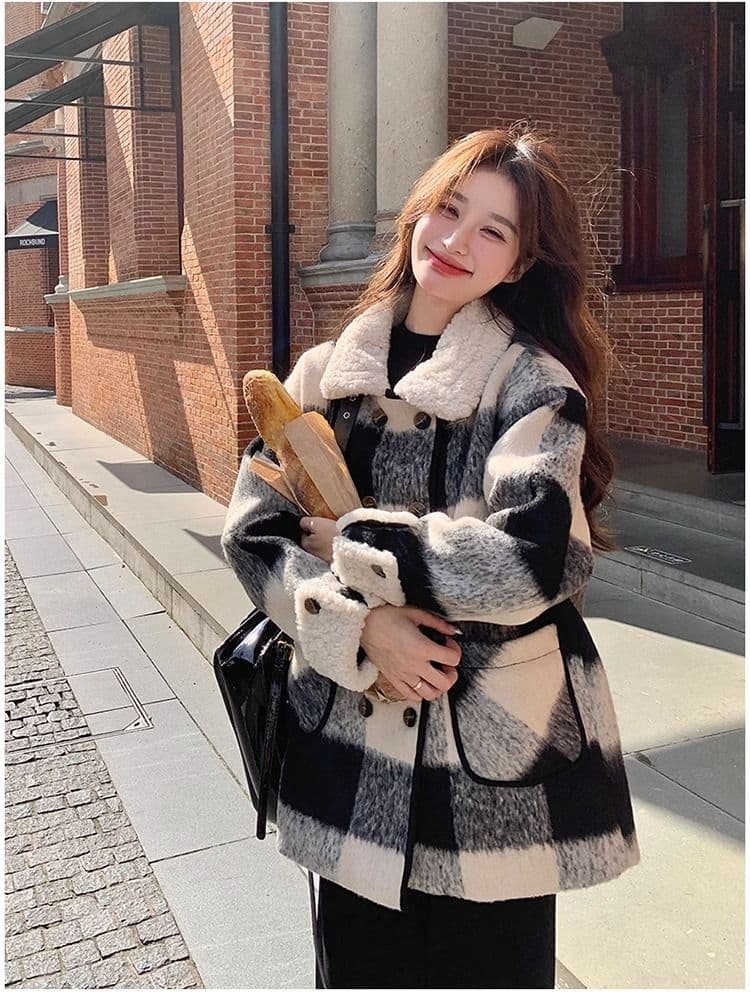 흑인과 백인 체크무늬 모직 여성 재킷 겨울 2026 년 솜을 넣은 내피 두꺼운 모직 코트 작은 키 중간 길이 상세 이미지 24