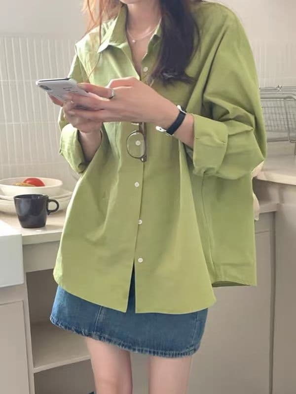 정가 순면 라벤더 긴팔 여성 셔츠 2026 봄 가을 작은 키 루즈핏 캐주얼 미니멀리즘 맨위 트렌디 상세 이미지 1