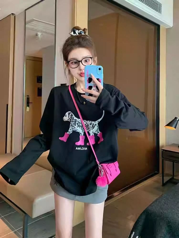 2026 한국 대외 무역 새로운 가을 의상 한 부서 긴팔 티셔츠 여성 한국 스타일 루즈핏 빅 사이즈 프린트 상세 이미지 2