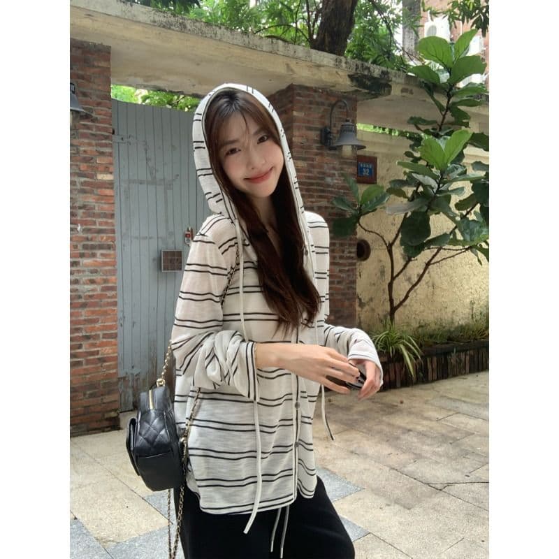 눈꽃 면 스트라이프 후드 자외선 차단 블라우스 얇은 스타일 긴팔 오픈 가디건 여성 여름 루즈핏 재킷 맨위