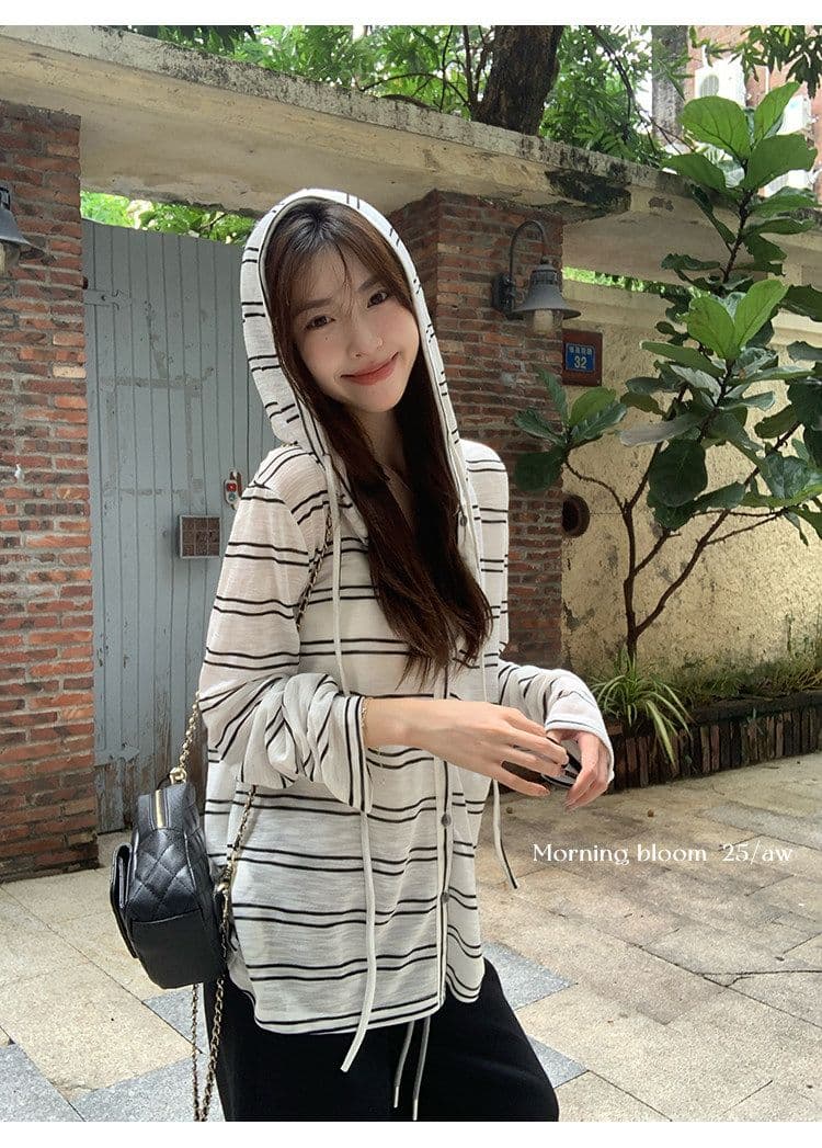 눈꽃 면 스트라이프 후드 자외선 차단 블라우스 얇은 스타일 긴팔 오픈 가디건 여성 여름 루즈핏 재킷 맨위 상세 이미지 8