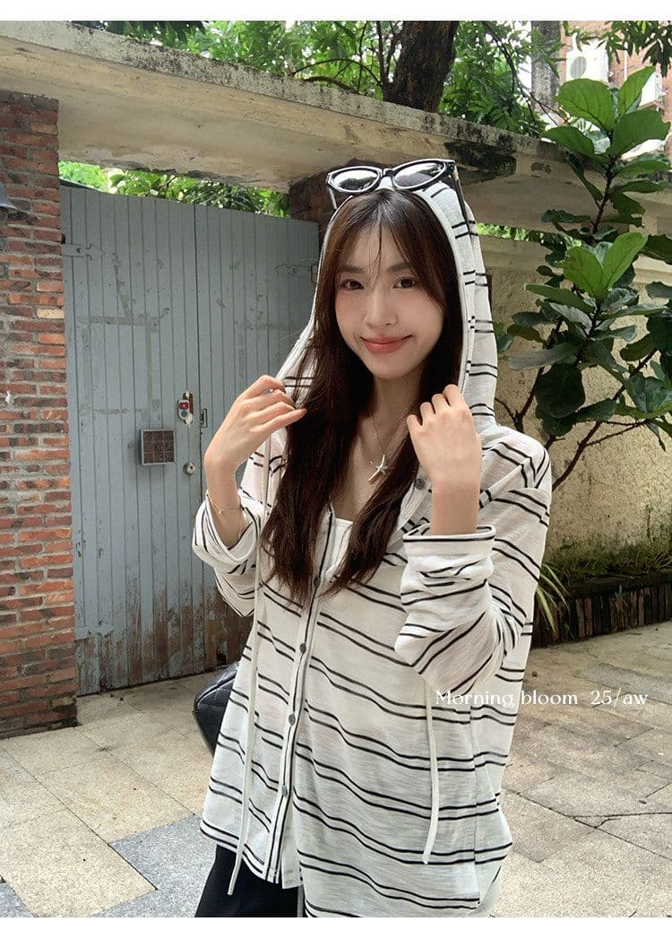눈꽃 면 스트라이프 후드 자외선 차단 블라우스 얇은 스타일 긴팔 오픈 가디건 여성 여름 루즈핏 재킷 맨위 상세 이미지 12