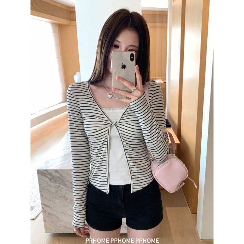 주간 실크 리브 스트라이프 리듬 한 부서 페이크 레이어드 긴팔 티셔츠 여성 이른 가을 몸매 가꾸기 슬림해 보이는 쇼트 스타일 맨위 이미지 2