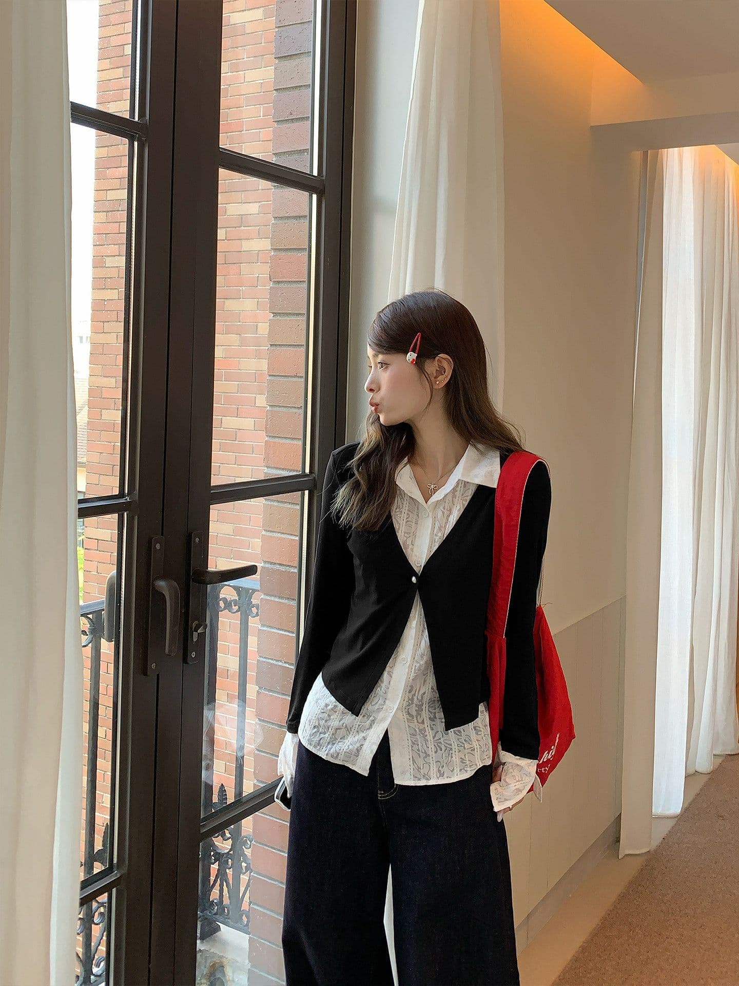 원본 원단 페이크 레이어드 패치워크 인사이드 가져 가라. 티셔츠 여성 가을 몸매 가꾸기 기본 셔츠 디자인 센스 긴팔 맨위 상세 이미지 2