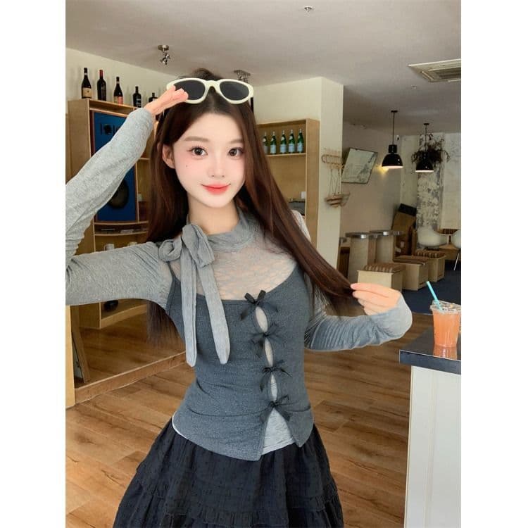 원본 레이스 사람들 면 한 부서 회색 참 및 거짓 두 조각 긴팔 여성 가을 핫걸 맨위 투피스 세트
