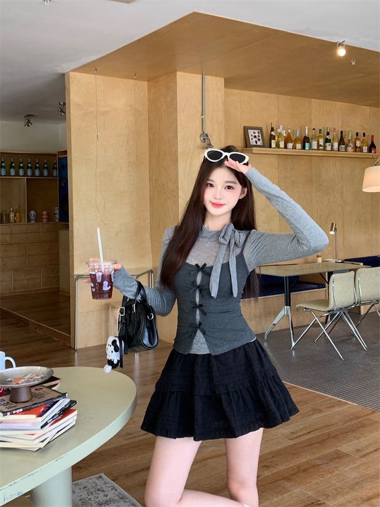 원본 레이스 사람들 면 한 부서 회색 참 및 거짓 두 조각 긴팔 여성 가을 핫걸 맨위 투피스 세트 상세 이미지 2