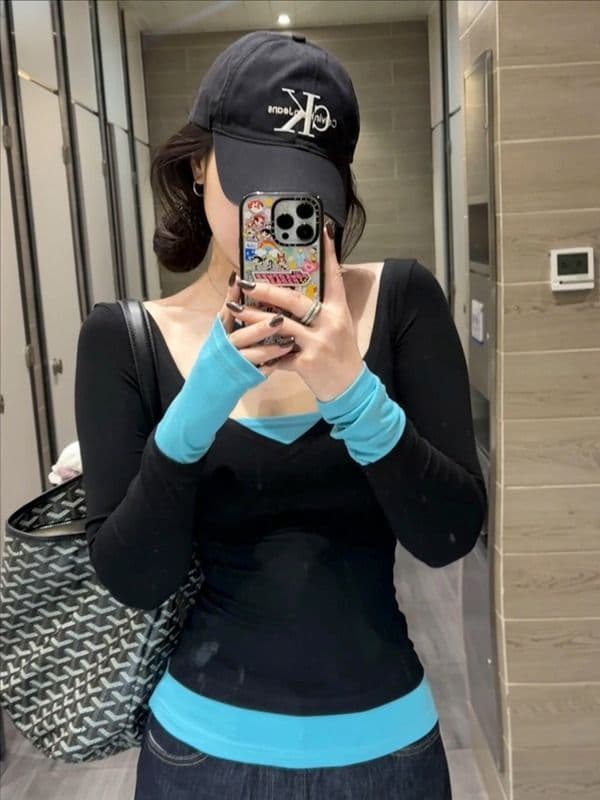 모달 사람들 면 패치워크 페이크 레이어드 긴팔 티셔츠 여성 가을 핫걸 몸매 가꾸기 V넥 기본 셔츠 맨위 상세 이미지 2