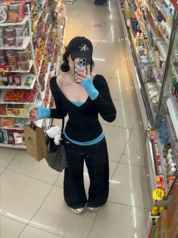 모달 사람들 면 패치워크 페이크 레이어드 긴팔 티셔츠 여성 가을 핫걸 몸매 가꾸기 V넥 기본 셔츠 맨위 상세 이미지 6