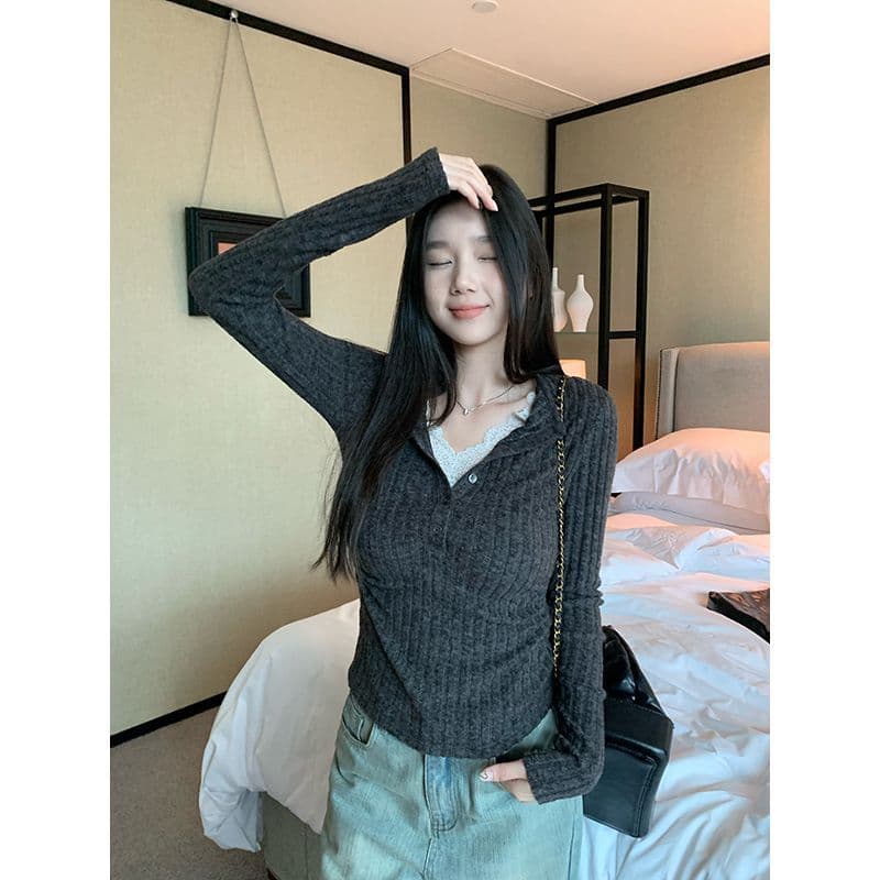 사람들 면 구덩이 기사 연삭 털 레이스 조각 페이크 레이어드 여성 가을 새로운 몸매 가꾸기 V넥 출퇴근 긴팔 맨위