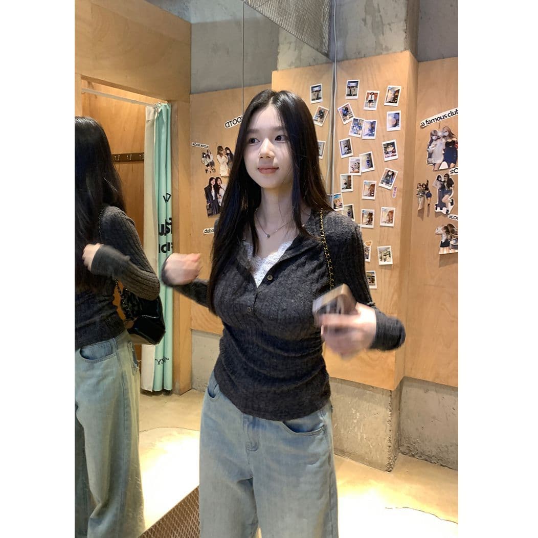 사람들 면 구덩이 기사 연삭 털 레이스 조각 페이크 레이어드 여성 가을 새로운 몸매 가꾸기 V넥 출퇴근 긴팔 맨위 이미지 2