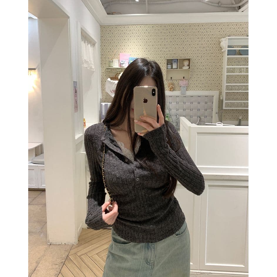 사람들 면 구덩이 기사 연삭 털 레이스 조각 페이크 레이어드 여성 가을 새로운 몸매 가꾸기 V넥 출퇴근 긴팔 맨위 이미지 4