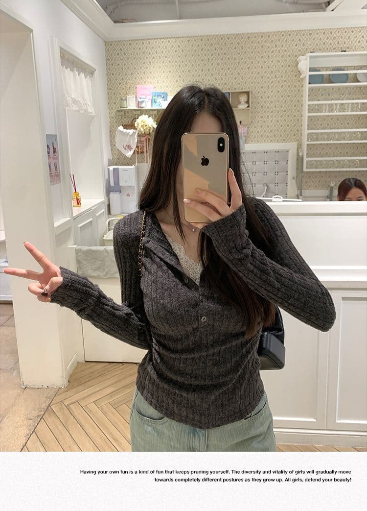 사람들 면 구덩이 기사 연삭 털 레이스 조각 페이크 레이어드 여성 가을 새로운 몸매 가꾸기 V넥 출퇴근 긴팔 맨위 상세 이미지 4