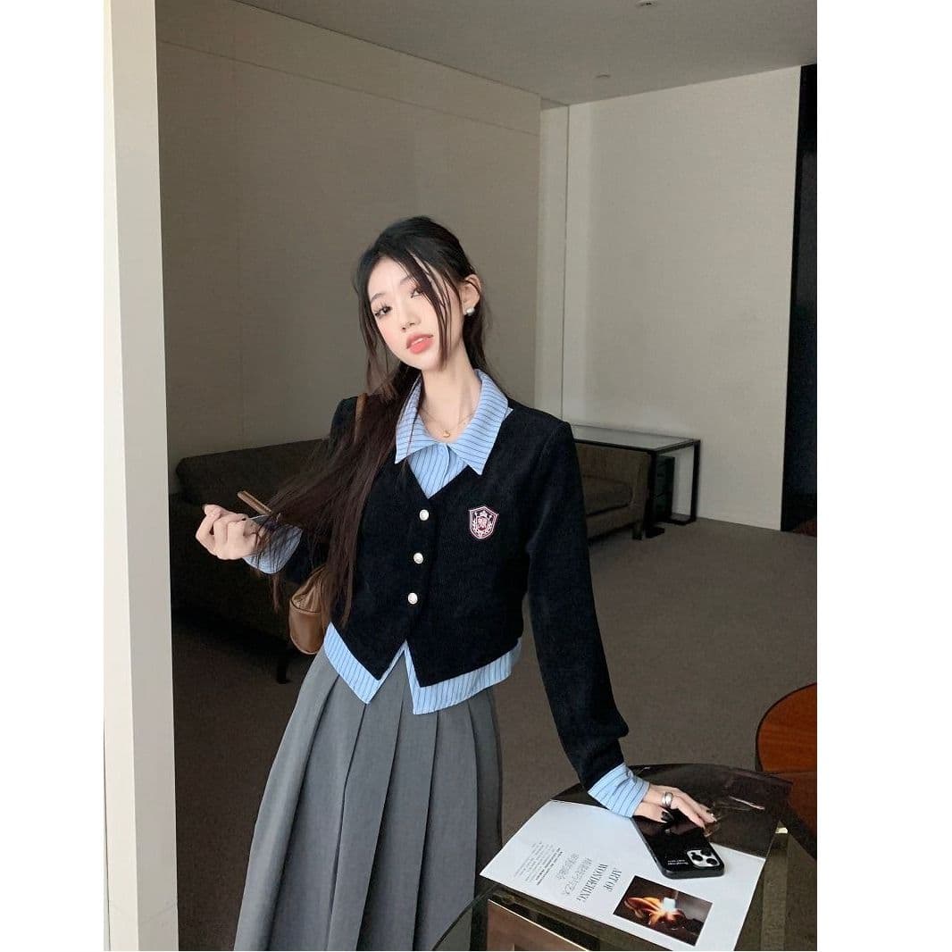 원본 것 학원 스타일 세트 여성 페이크 레이어드 POLO 칼라 긴팔 셔츠 조기 가을 이미지 4