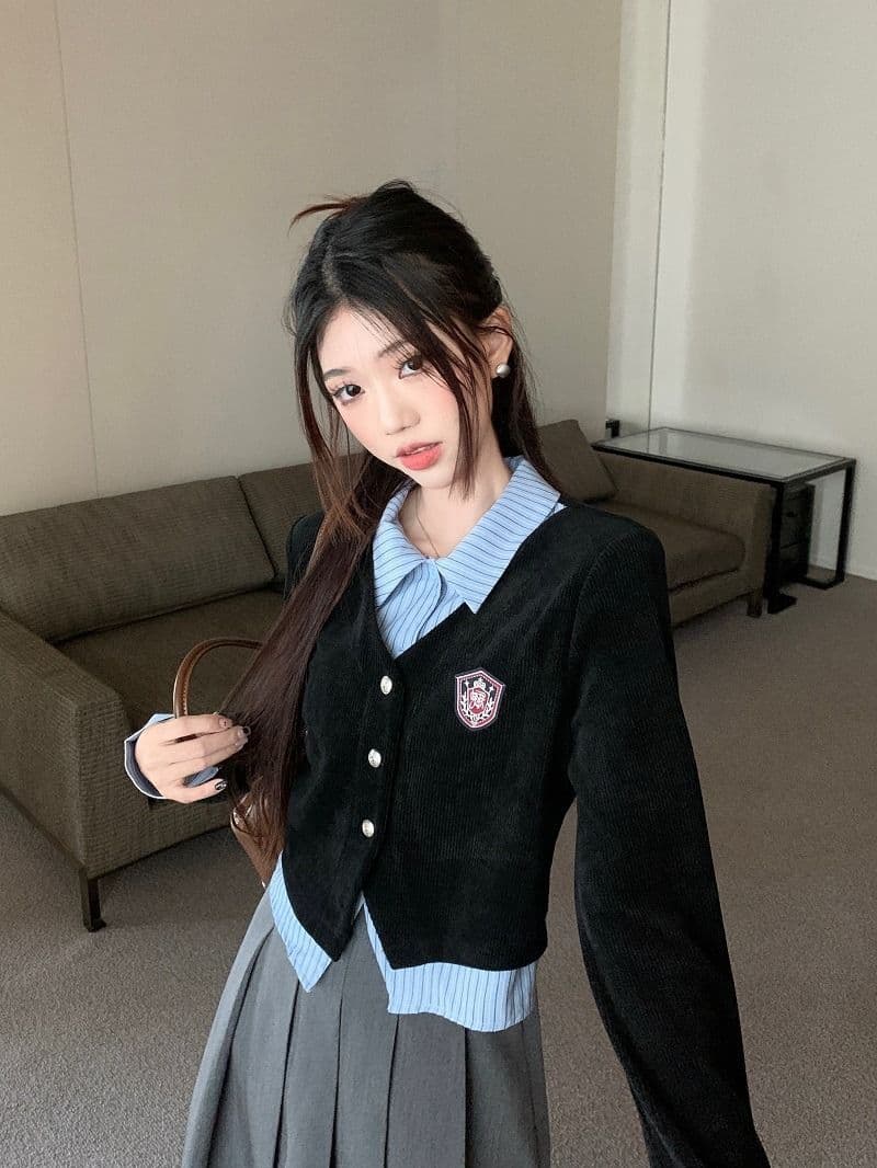 원본 것 학원 스타일 세트 여성 페이크 레이어드 POLO 칼라 긴팔 셔츠 조기 가을 상세 이미지 2