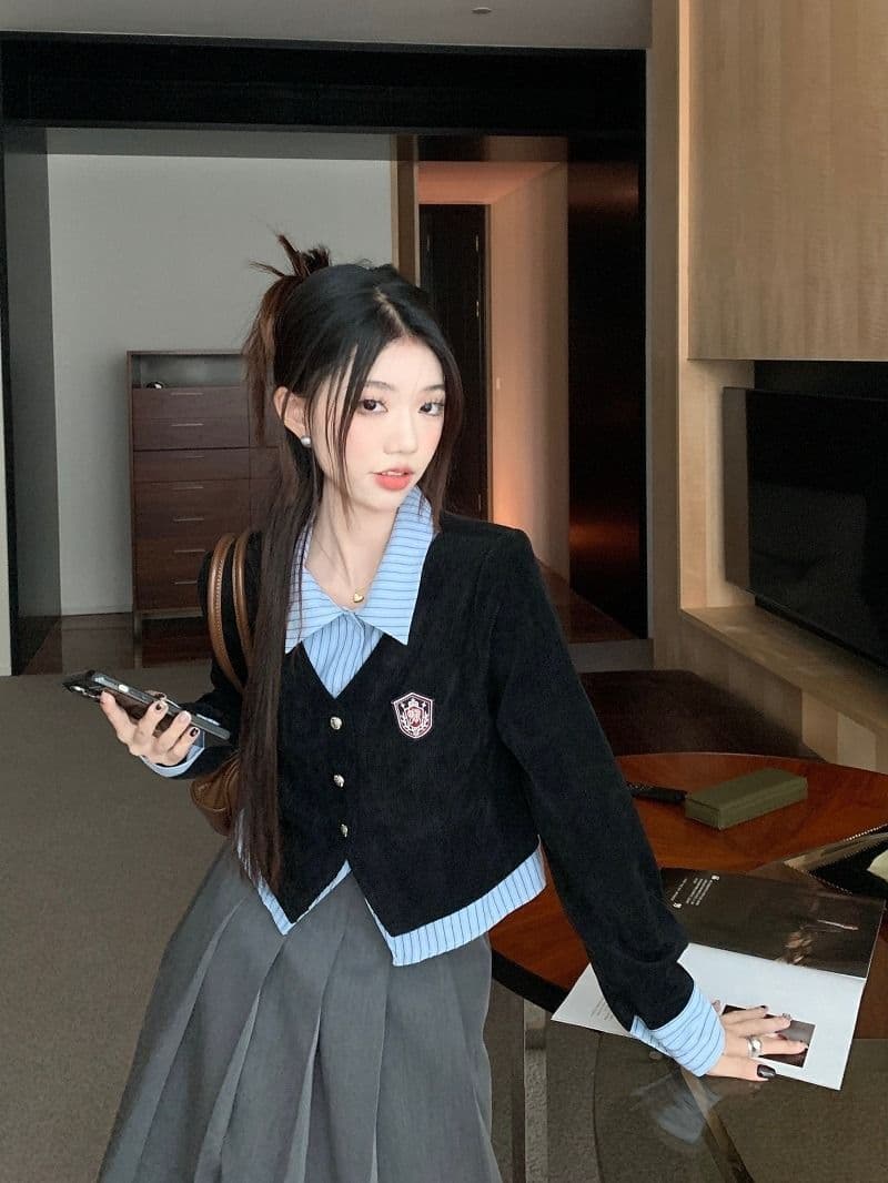 원본 것 학원 스타일 세트 여성 페이크 레이어드 POLO 칼라 긴팔 셔츠 조기 가을 상세 이미지 3