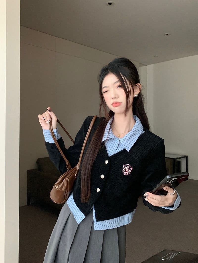 원본 것 학원 스타일 세트 여성 페이크 레이어드 POLO 칼라 긴팔 셔츠 조기 가을 상세 이미지 4