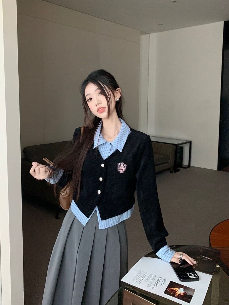 원본 것 학원 스타일 세트 여성 페이크 레이어드 POLO 칼라 긴팔 셔츠 조기 가을 상세 이미지 6