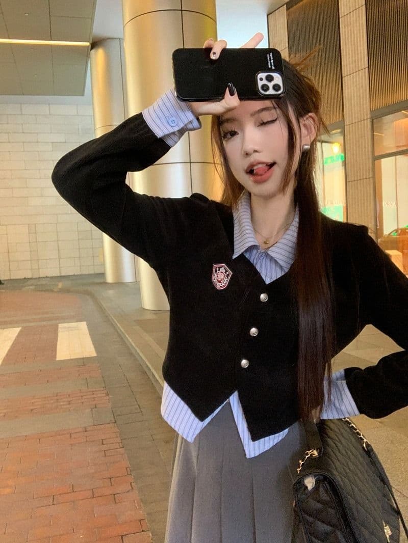 원본 것 학원 스타일 세트 여성 페이크 레이어드 POLO 칼라 긴팔 셔츠 조기 가을 상세 이미지 9