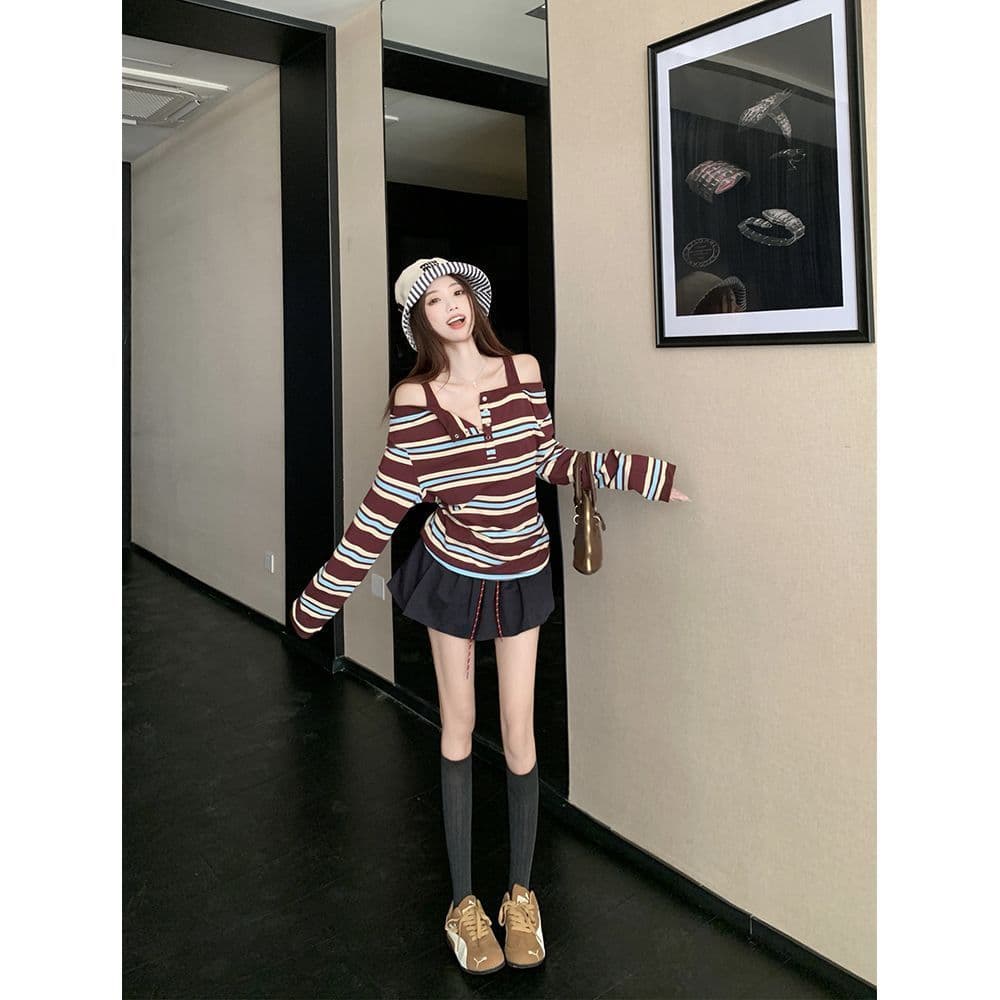 원본 품질 한 부서 배색 스트라이프 패치워크 오프숄더 긴팔 티셔츠 여성 가을 Chic 맨위 이미지 3