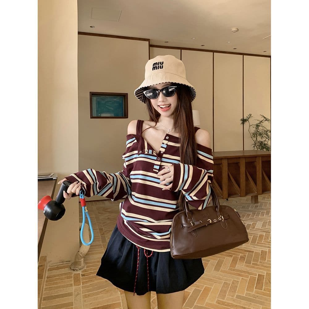 원본 품질 한 부서 배색 스트라이프 패치워크 오프숄더 긴팔 티셔츠 여성 가을 Chic 맨위 이미지 4