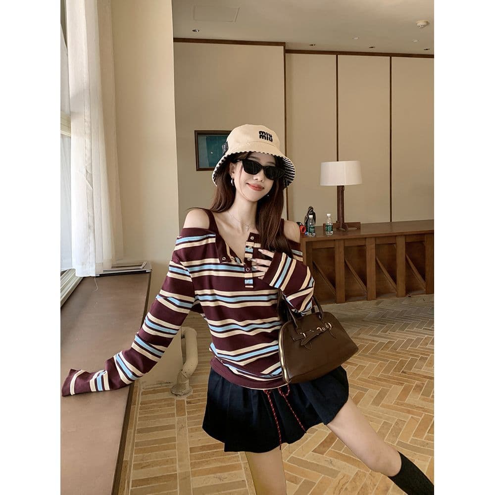 원본 품질 한 부서 배색 스트라이프 패치워크 오프숄더 긴팔 티셔츠 여성 가을 Chic 맨위 이미지 5
