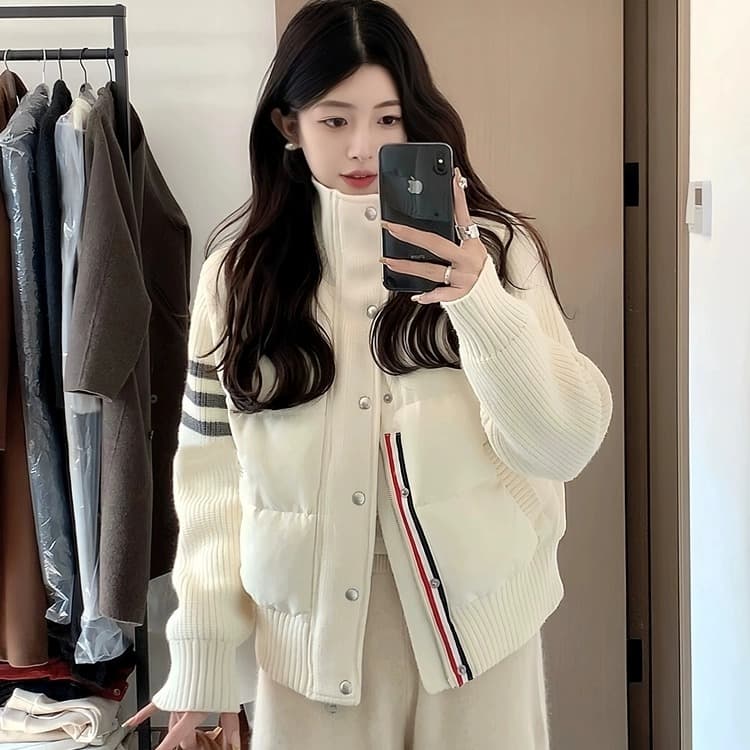 한 부서 학원 스타일 디자인 센스 패치워크 니트 면 의류 남녀 가을 겨울 고유 한 Chic 스탠드 칼라 얇고 가벼운 면 옷 재킷