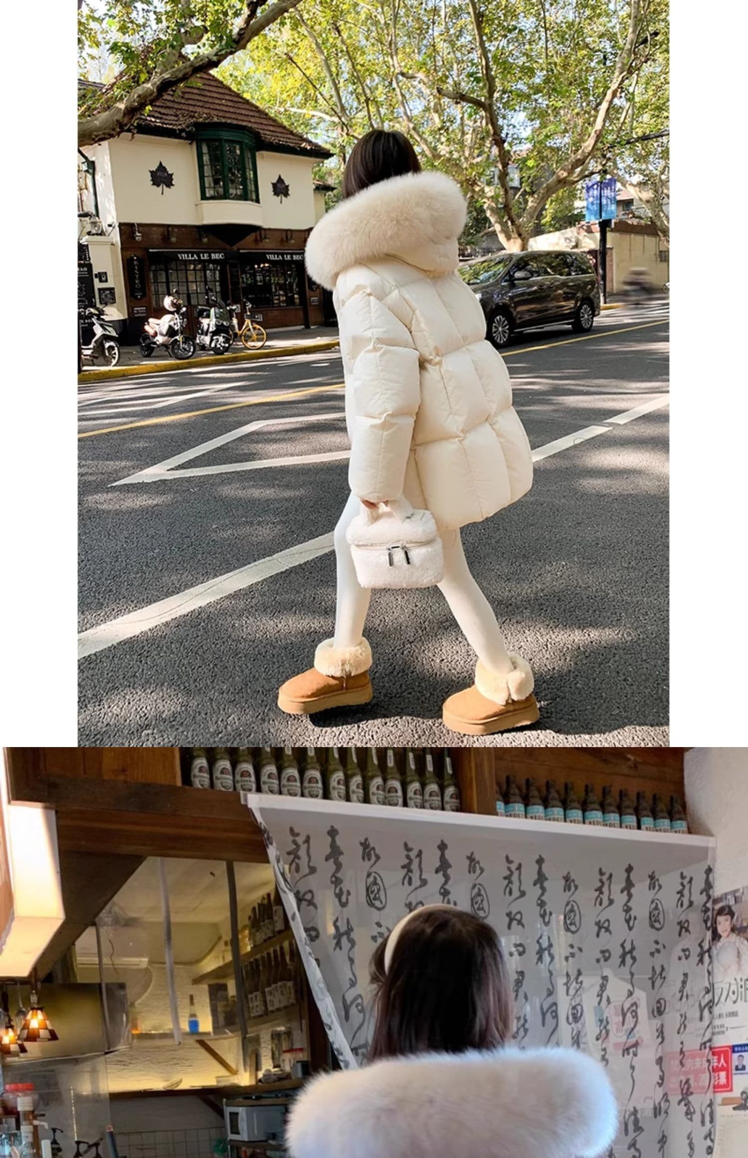 핑크색 아래 면화 의류 겨울 후드 두꺼운 큰 모피 칼라 중간 길이 작은 키 빵 외투 면 옷 상세 이미지 6