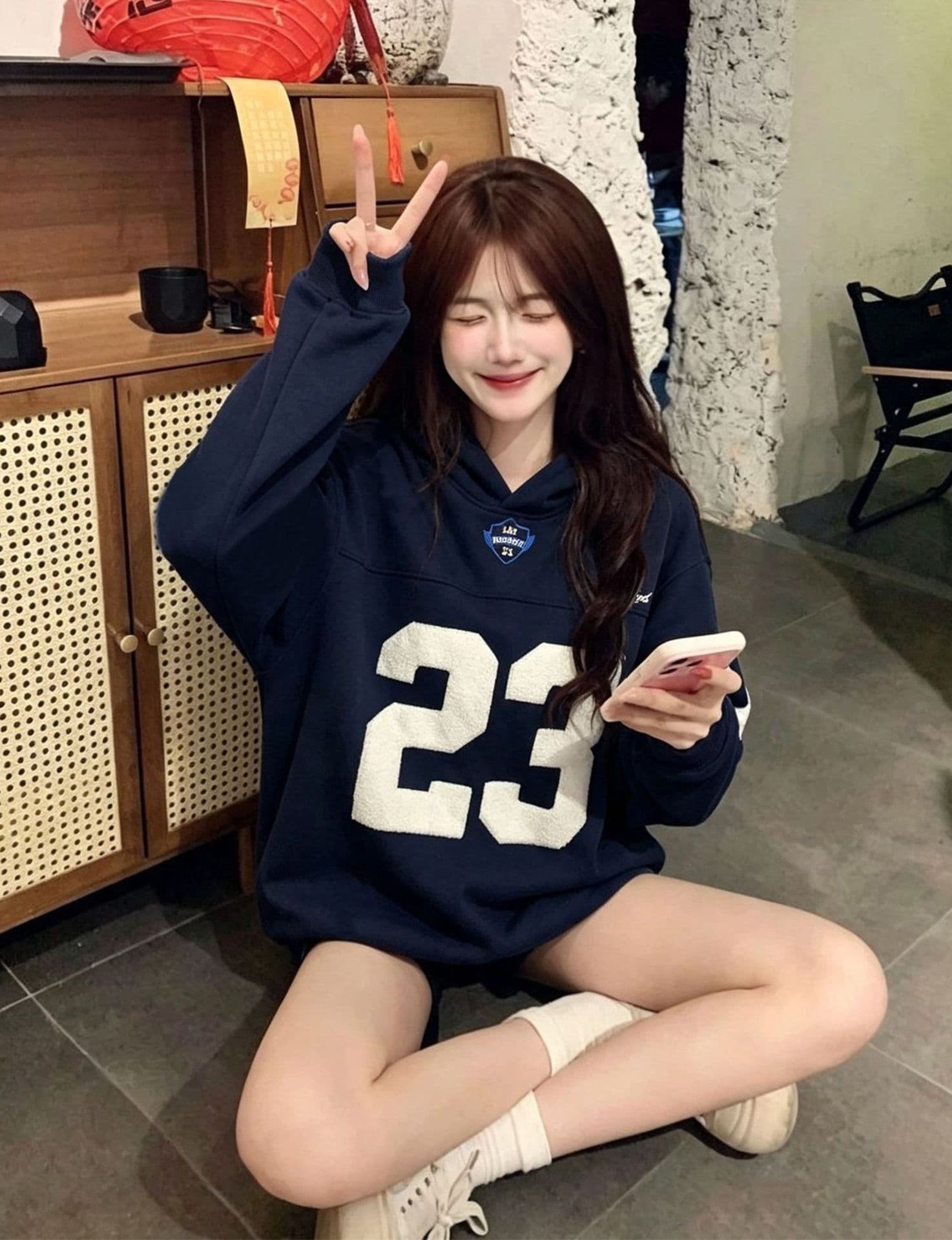 얇은 스타일 원본 솜씨 압력 라인 패치 자수 주머니 순수한 Mianhua 면 복합 후드 티 스웨터 여성 상세 이미지 5