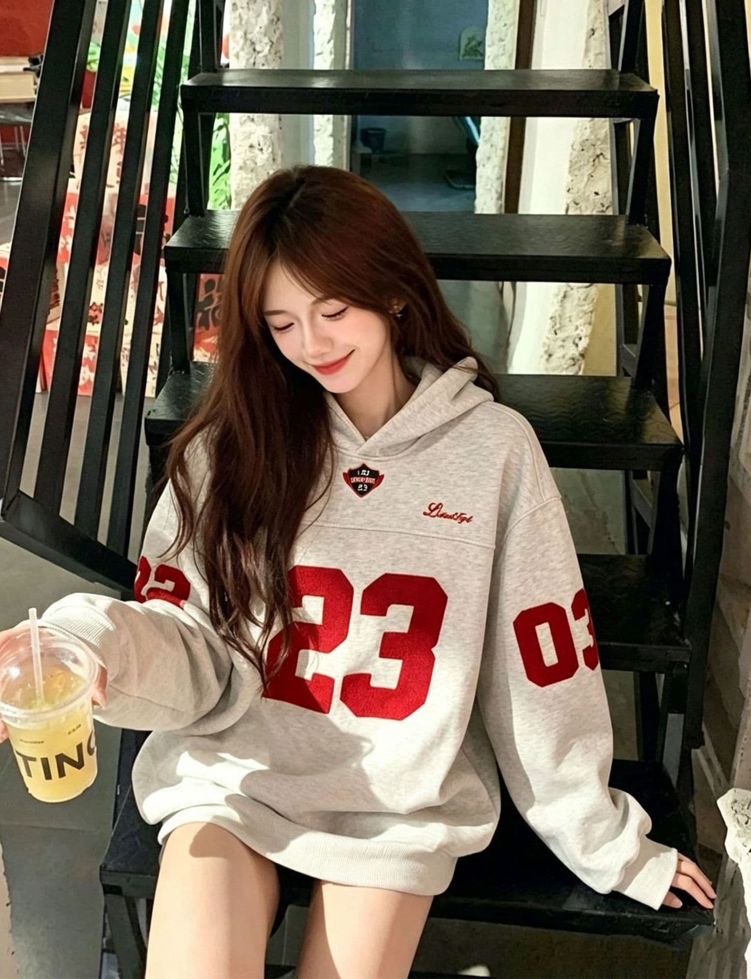 얇은 스타일 원본 솜씨 압력 라인 패치 자수 주머니 순수한 Mianhua 면 복합 후드 티 스웨터 여성 상세 이미지 6