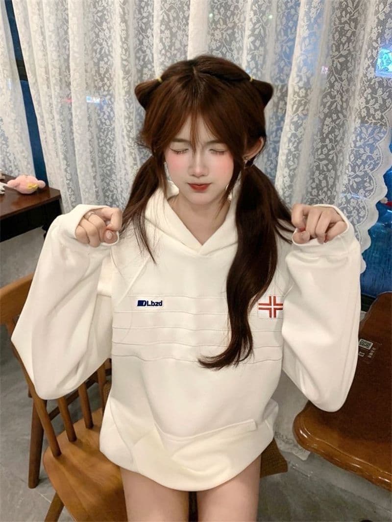 얇은 스타일 털이 있는 원본 솜씨 접은 자국 자수 표준 프린트 순수한 Mianhua 면 복합 후드 티 스웨터 여성 상세 이미지 7