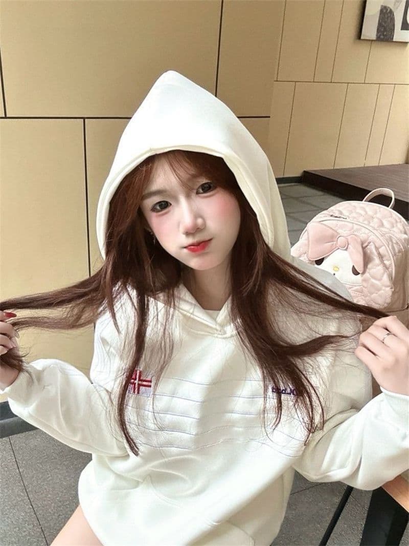 얇은 스타일 털이 있는 원본 솜씨 접은 자국 자수 표준 프린트 순수한 Mianhua 면 복합 후드 티 스웨터 여성 상세 이미지 9