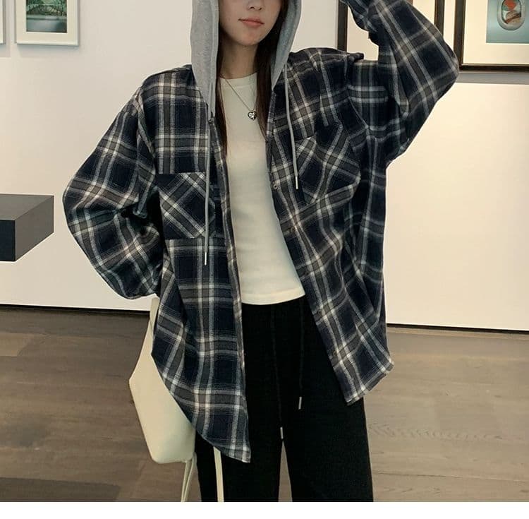 레트로 후드 체크무늬 여성 셔츠 새로운 학원 스타일 가을 루즈핏 느긋한 바람 작은 키 셔츠 연삭 털 얇은 코트 상세 이미지 8