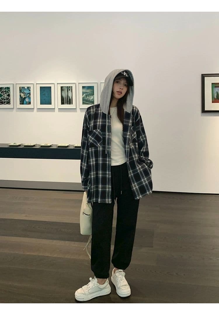 레트로 후드 체크무늬 여성 셔츠 새로운 학원 스타일 가을 루즈핏 느긋한 바람 작은 키 셔츠 연삭 털 얇은 코트 상세 이미지 12