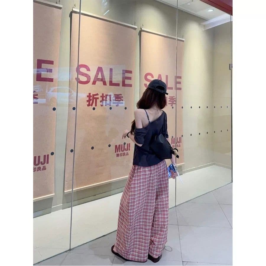핑크색 체크무늬 넓은 다리 캐주얼 바지 2026 여름 새로운 다용도 문예 긴 바지 이미지 5