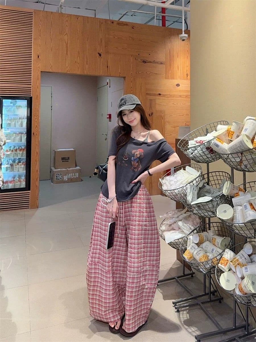 핑크색 체크무늬 넓은 다리 캐주얼 바지 2026 여름 새로운 다용도 문예 긴 바지 상세 이미지 1