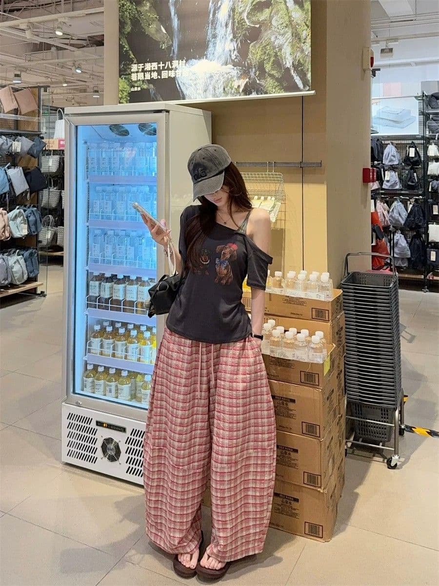 핑크색 체크무늬 넓은 다리 캐주얼 바지 2026 여름 새로운 다용도 문예 긴 바지 상세 이미지 6
