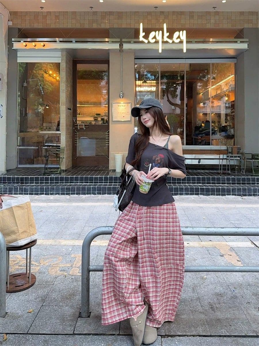 핑크색 체크무늬 넓은 다리 캐주얼 바지 2026 여름 새로운 다용도 문예 긴 바지 상세 이미지 8