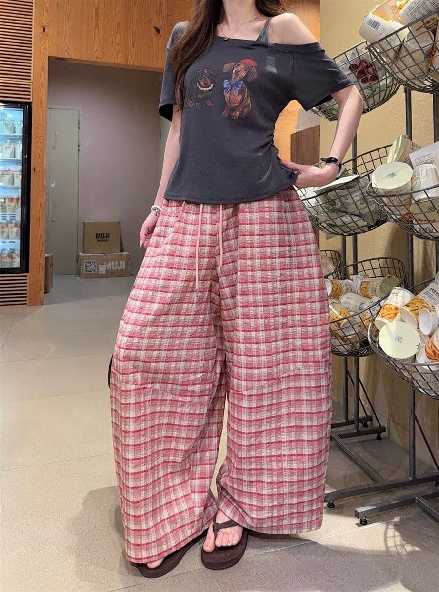핑크색 체크무늬 넓은 다리 캐주얼 바지 2026 여름 새로운 다용도 문예 긴 바지 상세 이미지 9