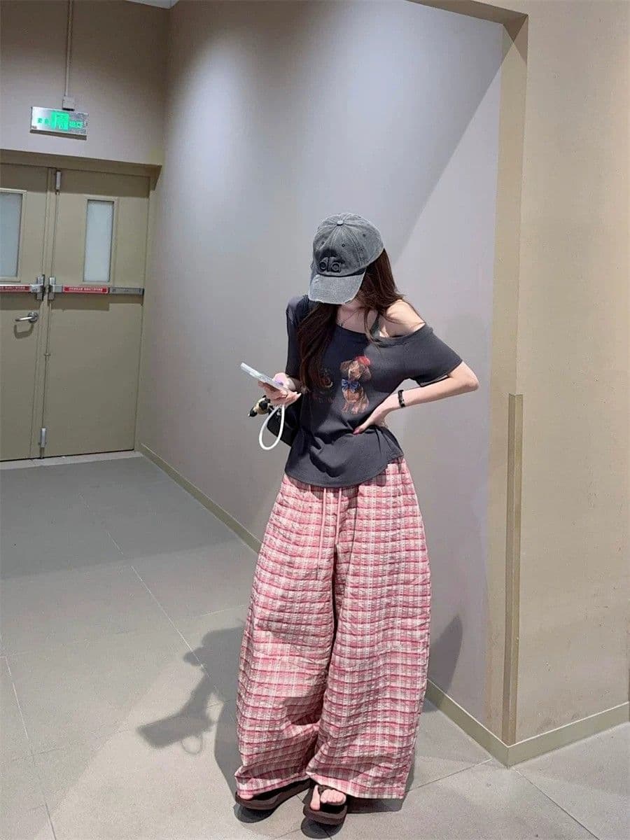 핑크색 체크무늬 넓은 다리 캐주얼 바지 2026 여름 새로운 다용도 문예 긴 바지 상세 이미지 11