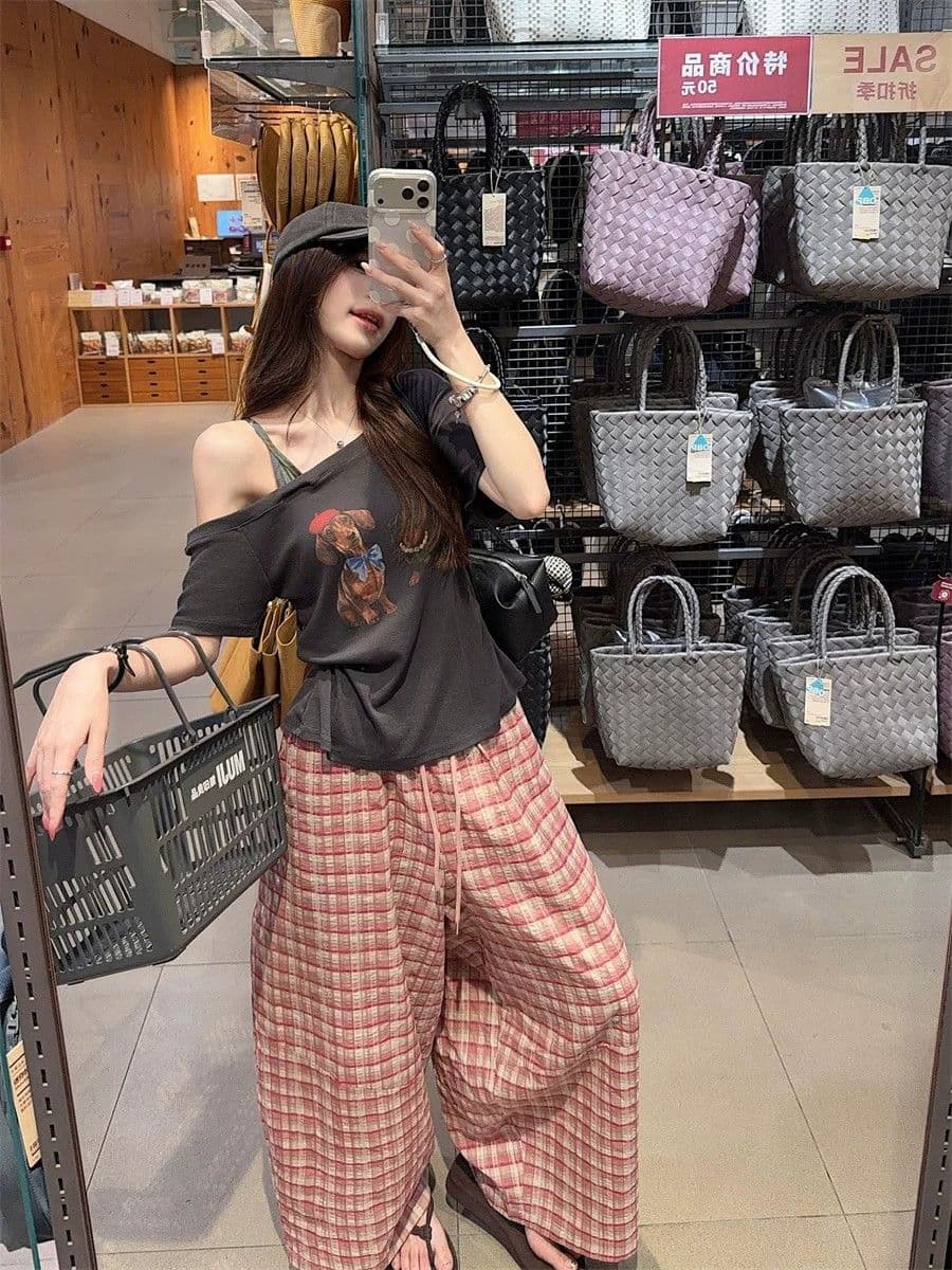 핑크색 체크무늬 넓은 다리 캐주얼 바지 2026 여름 새로운 다용도 문예 긴 바지 상세 이미지 17