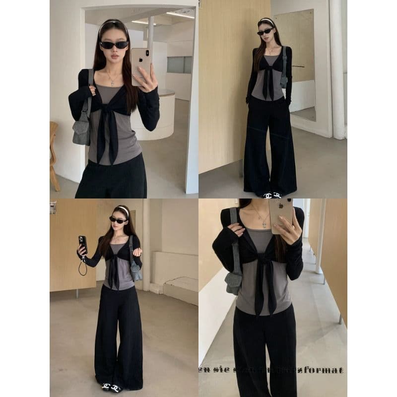 와 사고 방식 긴팔 티셔츠 여성 가을 회색 긍정적 인 어깨 핫걸 디자인 센스 페이크 레이어드 몸매 가꾸기 맨위 이미지 5