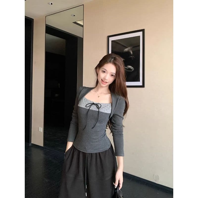 와 사고 방식 한 부서 광장 칼라 레이스업 페이크 레이어드 긴팔 티셔츠 여성 봄 가을 몸매 가꾸기 핫걸 기본 셔츠 맨위 이미지 3