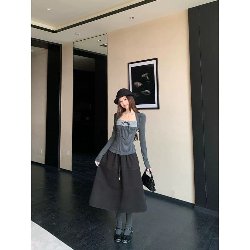 와 사고 방식 한 부서 광장 칼라 레이스업 페이크 레이어드 긴팔 티셔츠 여성 봄 가을 몸매 가꾸기 핫걸 기본 셔츠 맨위 이미지 5