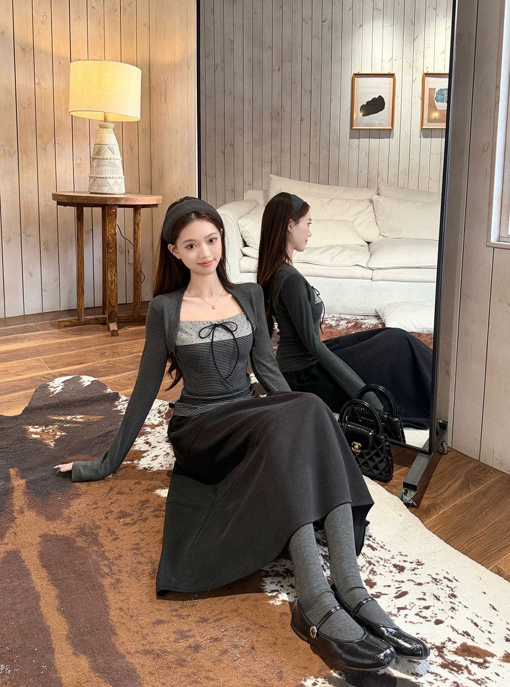 와 사고 방식 한 부서 광장 칼라 레이스업 페이크 레이어드 긴팔 티셔츠 여성 봄 가을 몸매 가꾸기 핫걸 기본 셔츠 맨위 상세 이미지 10
