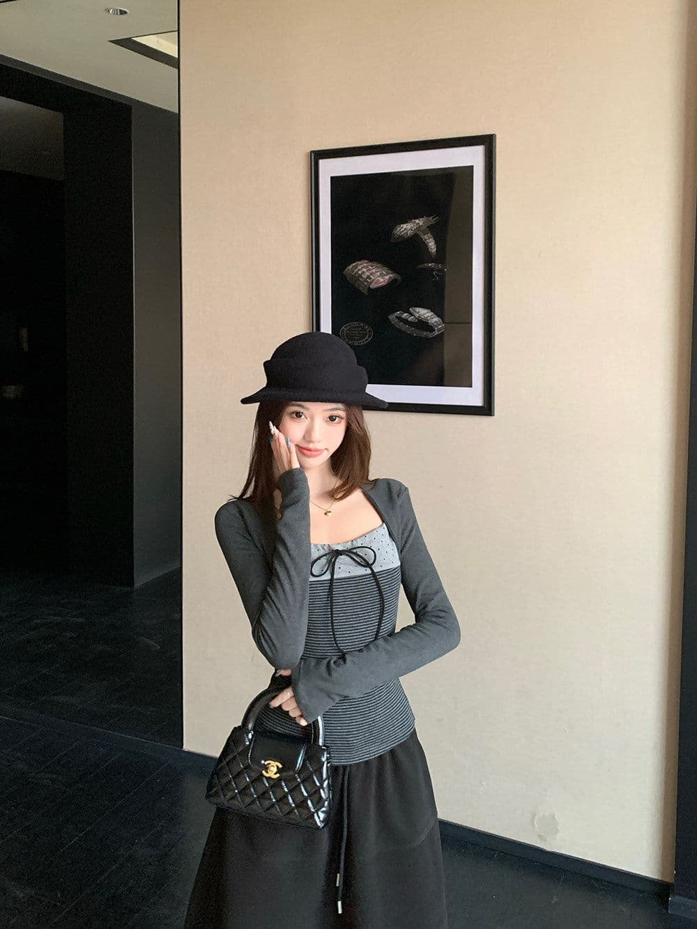 와 사고 방식 한 부서 광장 칼라 레이스업 페이크 레이어드 긴팔 티셔츠 여성 봄 가을 몸매 가꾸기 핫걸 기본 셔츠 맨위 상세 이미지 14