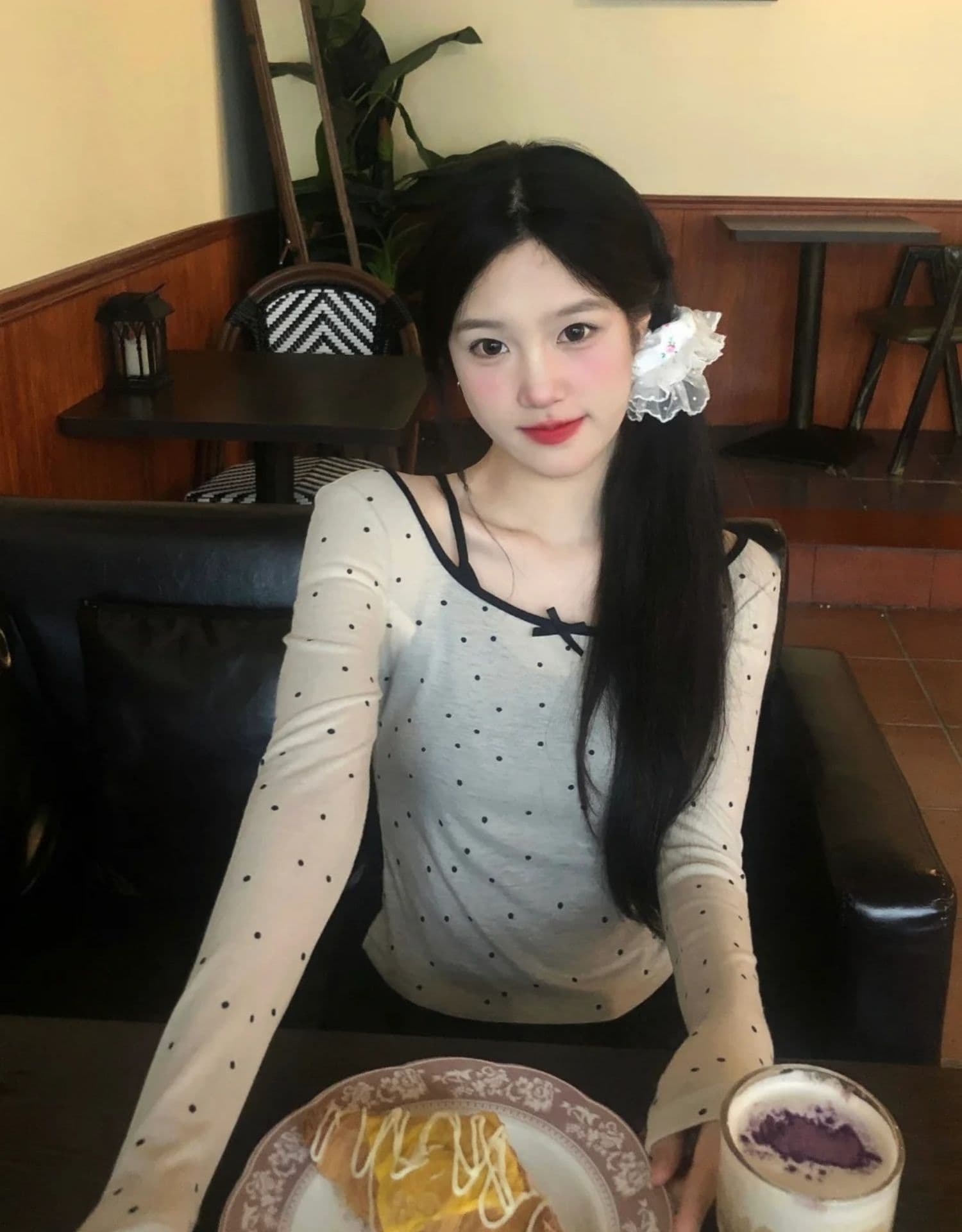 주간 실크 리브 사람들 면 달콤한 스타일 오프숄더 도트 무늬 긴팔 티셔츠 여성 의류 이른 봄 페이크 레이어드 bm 맨위 상세 이미지 6