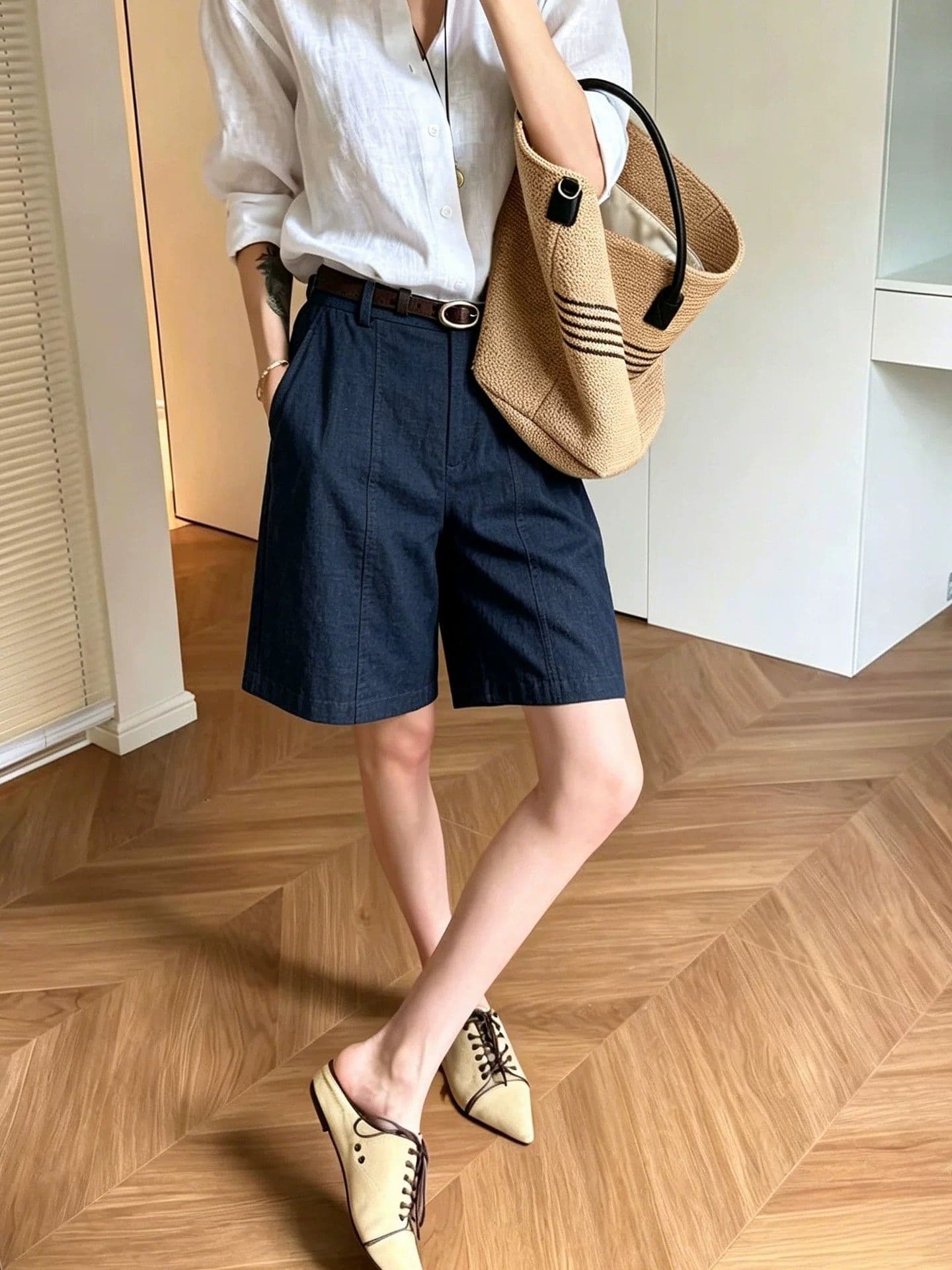 오래된 돈 바람 아마 정장 반바지 여성 여름 새로운 라이 경기 서울 넓은 다리 오부 바지 주간 실크 마 스트레이트 바지 이미지 2