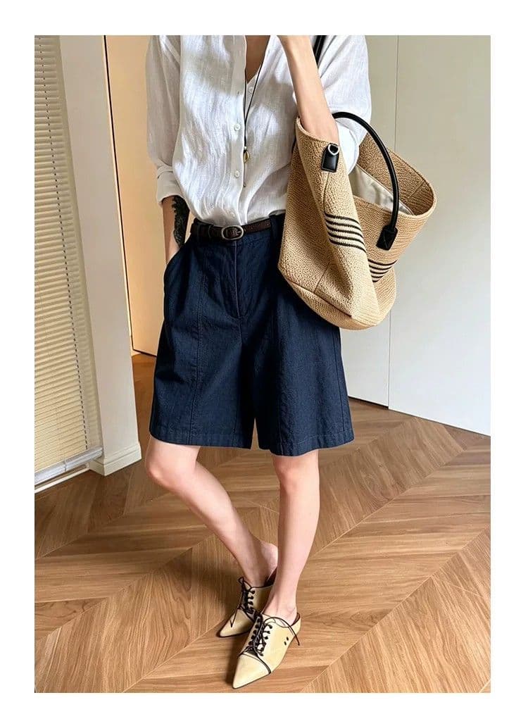 오래된 돈 바람 아마 정장 반바지 여성 여름 새로운 라이 경기 서울 넓은 다리 오부 바지 주간 실크 마 스트레이트 바지 이미지 3