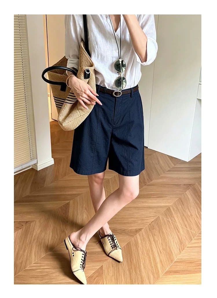 오래된 돈 바람 아마 정장 반바지 여성 여름 새로운 라이 경기 서울 넓은 다리 오부 바지 주간 실크 마 스트레이트 바지 이미지 5