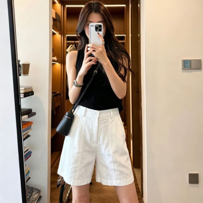 오래된 돈 바람 아마 정장 반바지 여성 여름 새로운 라이 경기 서울 넓은 다리 오부 바지 주간 실크 마 스트레이트 바지 이미지 6